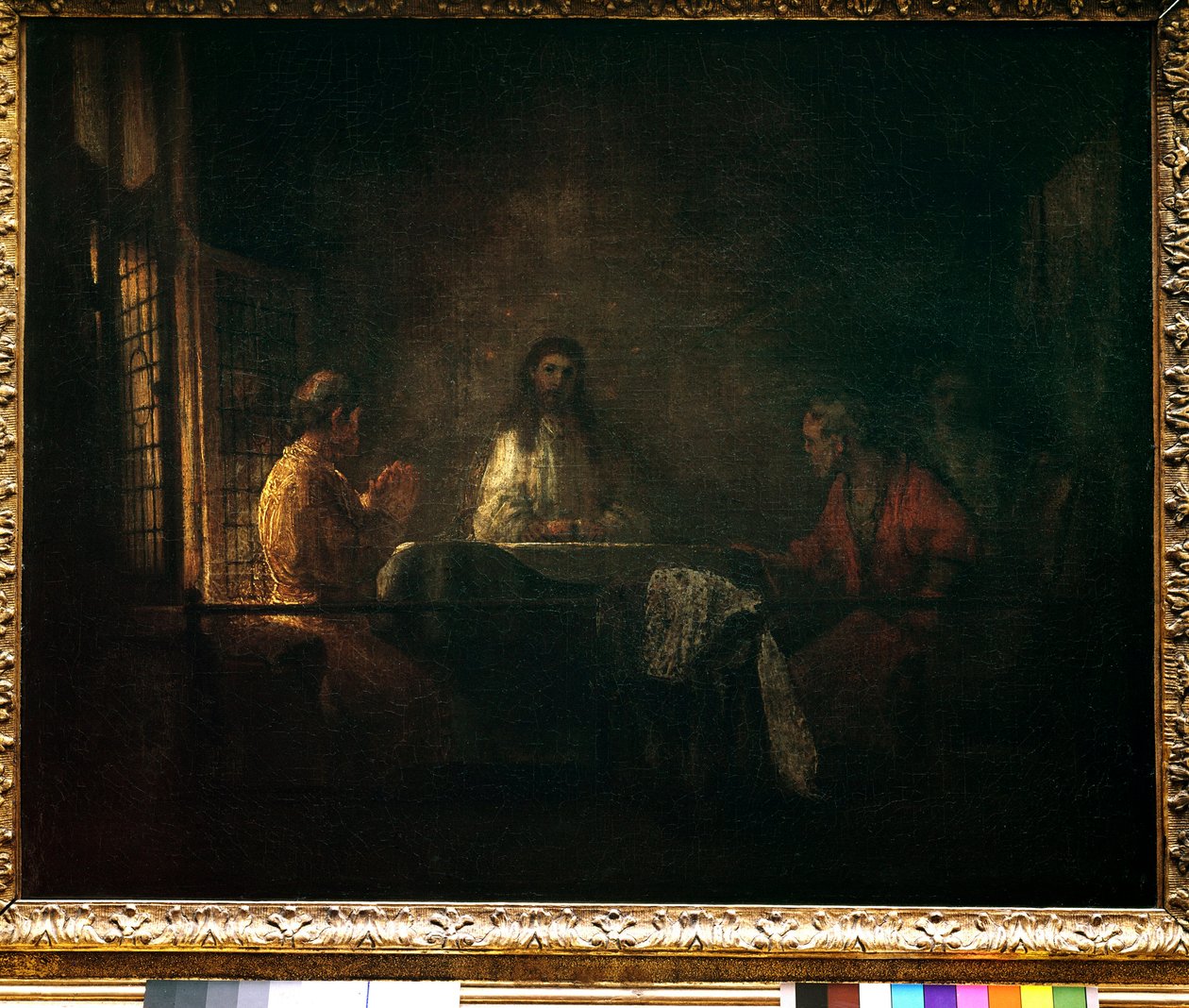 Os peregrinos de Emaús Cristo aparecem aos peregrinos sentados à mesa em uma pousada em Emaús. Pintura da oficina de Harmensz van Rijn dit Rembrandt (1606-1669) de studio of Rembrandt Harmensz. van Rijn