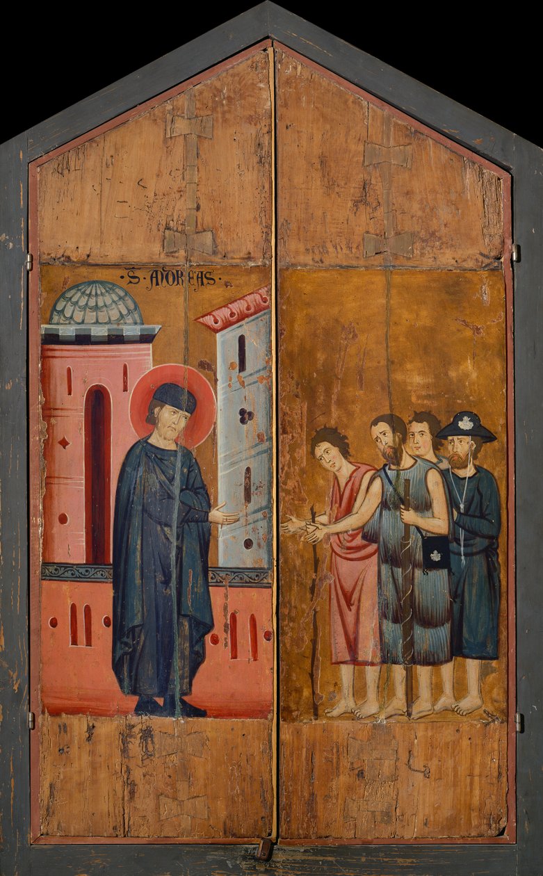 Díptico do Beato Andrea Gallerani: O beato anfitrião Gallerani recebendo peregrinos e mendigos, painéis externos, c.1270 (pintura sobre madeira) de (workshop of) Guido da Siena