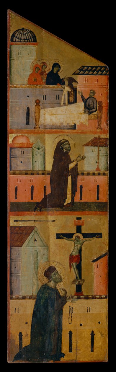 Díptico do Beato Andrea Gallerani: As santas mulheres aparecem a S. Reginaldo, Domingos reza pela cura de S. Reginaldo e Gallerani reza diante da cruz, painel interior esquerdo, c.1270 (pintura sobre madeira) de (workshop of) Guido da Siena