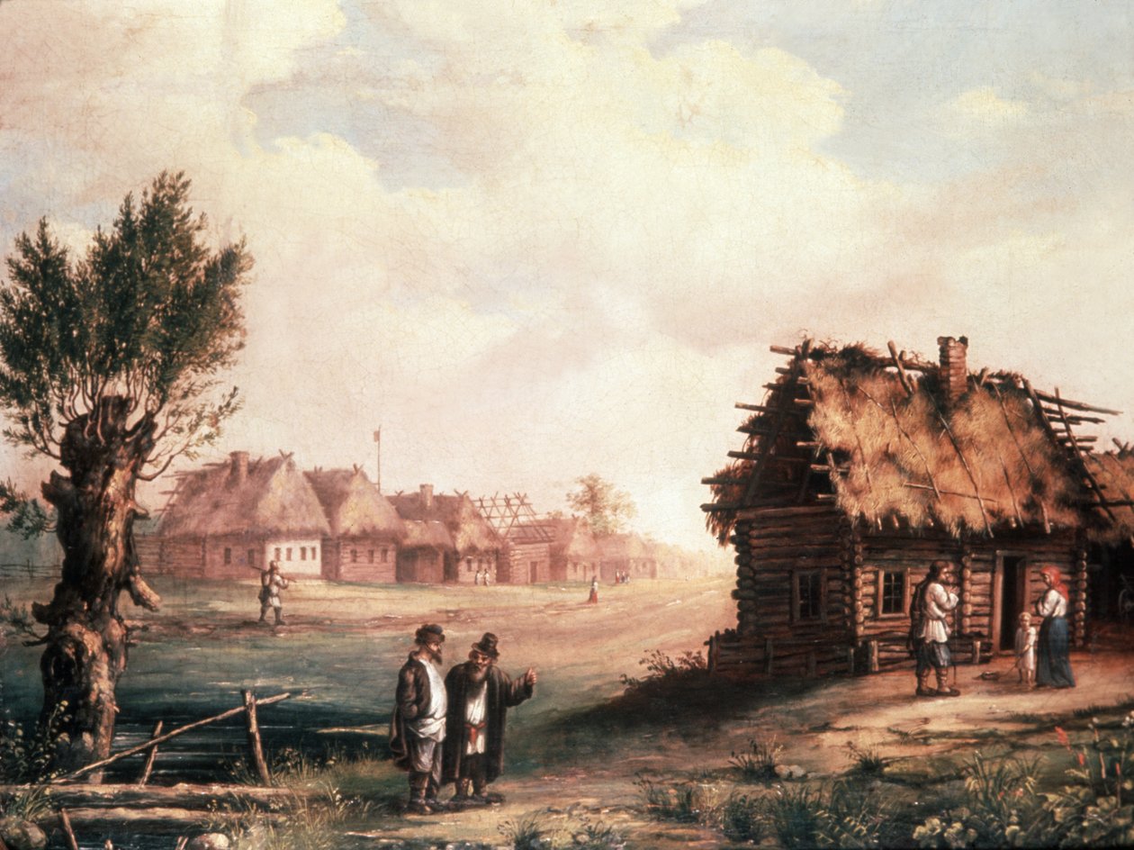 Uma pobre aldeia na Rússia, década de 1850, pintura. de Unknown