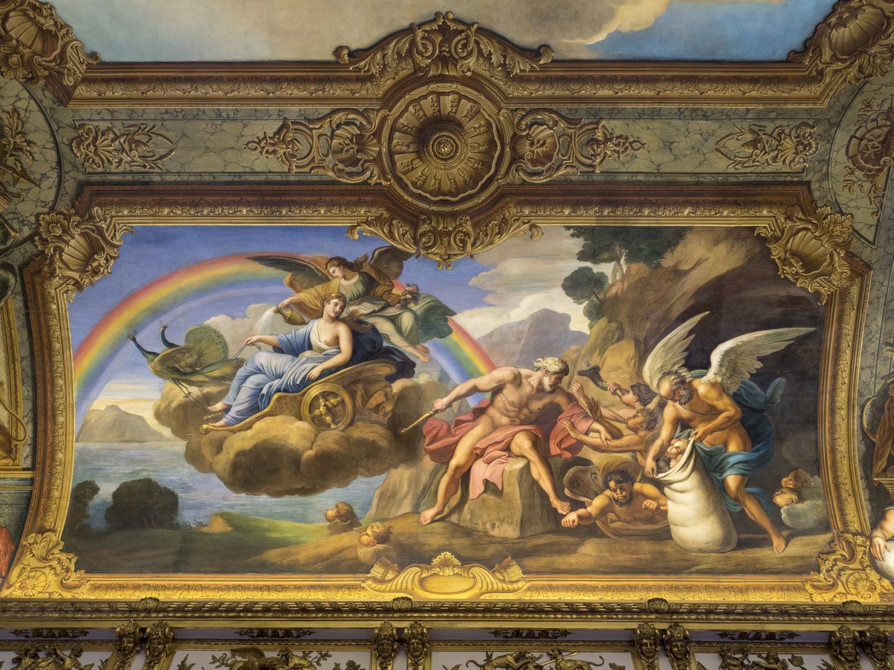 Alegoria do ar de Eole e Juno. Pintura da abóbada da Galeria de Ouro, de François Perrier (1594-1649), 1645. Banque de France. Hotel de Toulouse, hotel de la Villière, Paris - H de Unknown