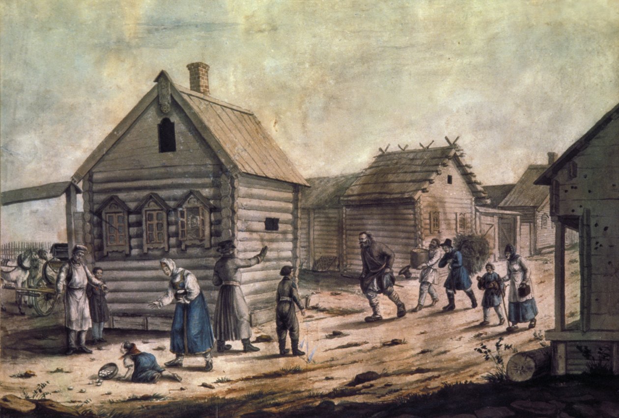 Chegada da senhora da vila, uma pintura da aguarela dos 1850s. de Unknown