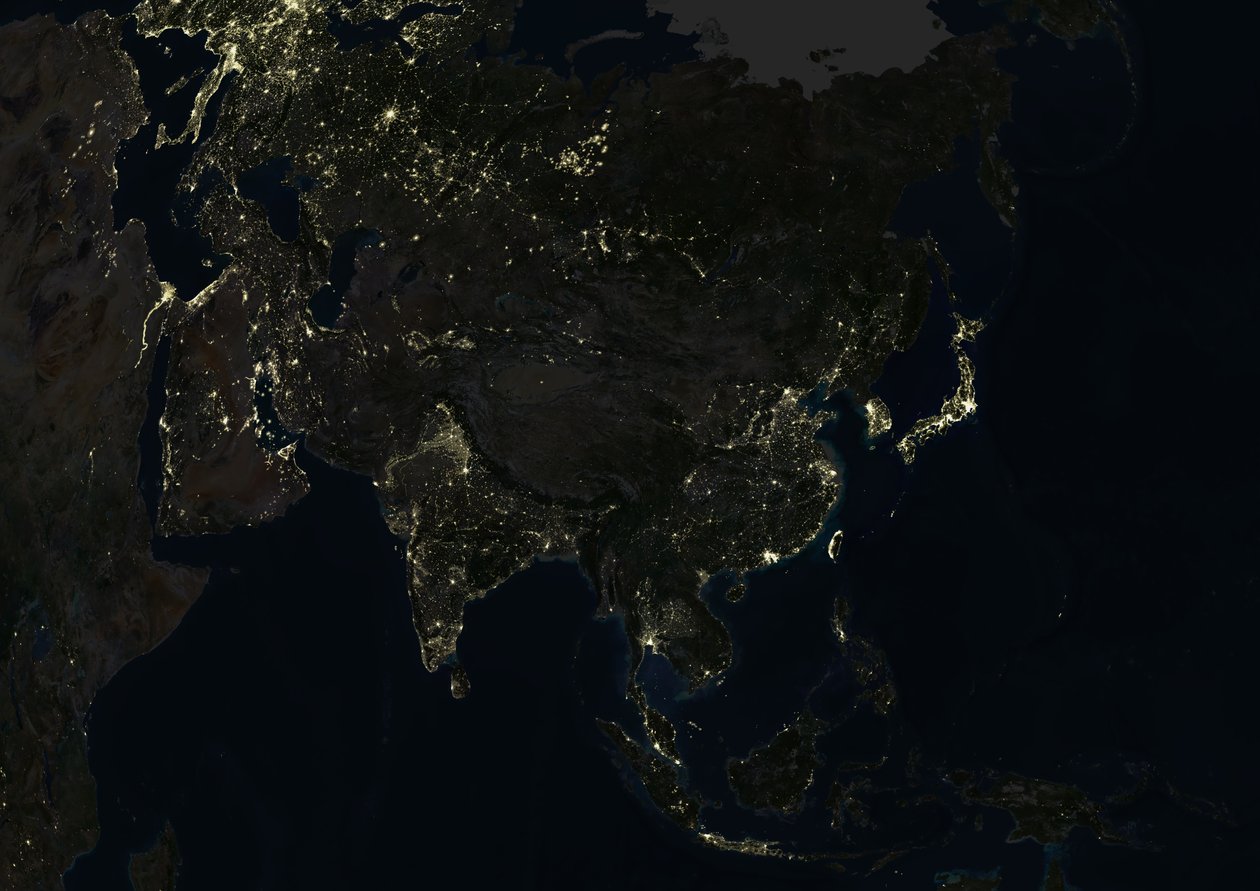 Ásia à noite, imagem de satélite True Color de Unknown