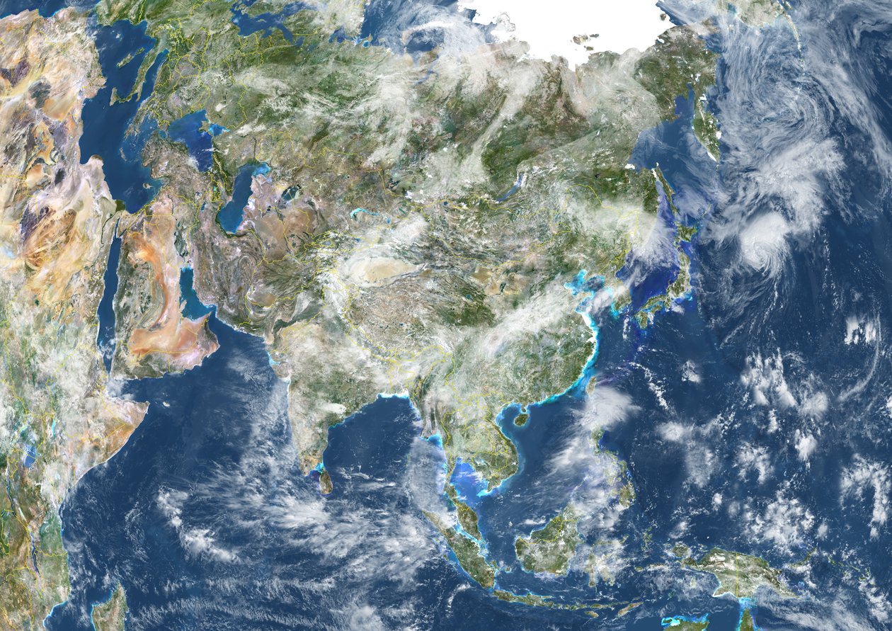 Ásia Com Fronteiras Nacionais E Cobertura De Nuvens, Imagem De Satélite De Cor Real de Unknown