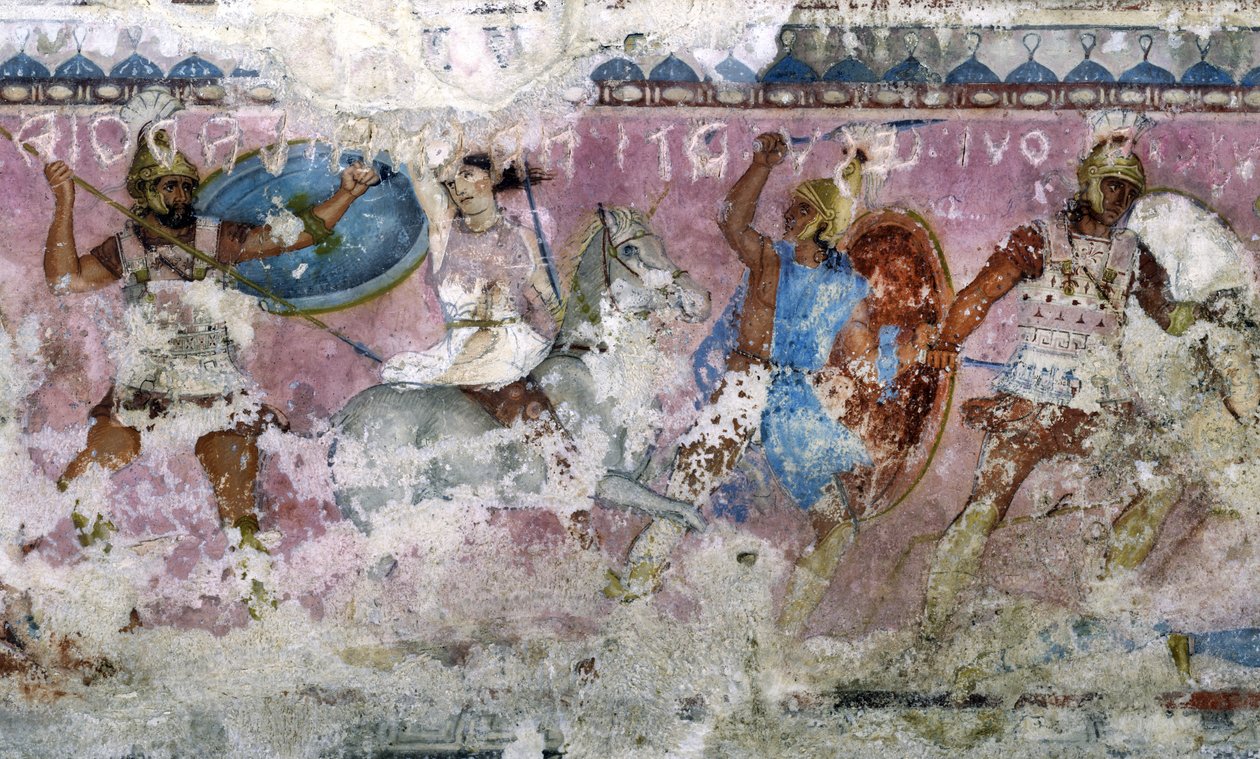 Batalha entre gregos e Amazonas, detalhe do lado do sarcófago das Amazonas, Tarquinia, século 4 aC (tempera em alabastro) (ver também 36059, 85168 e 85169) de Unknown