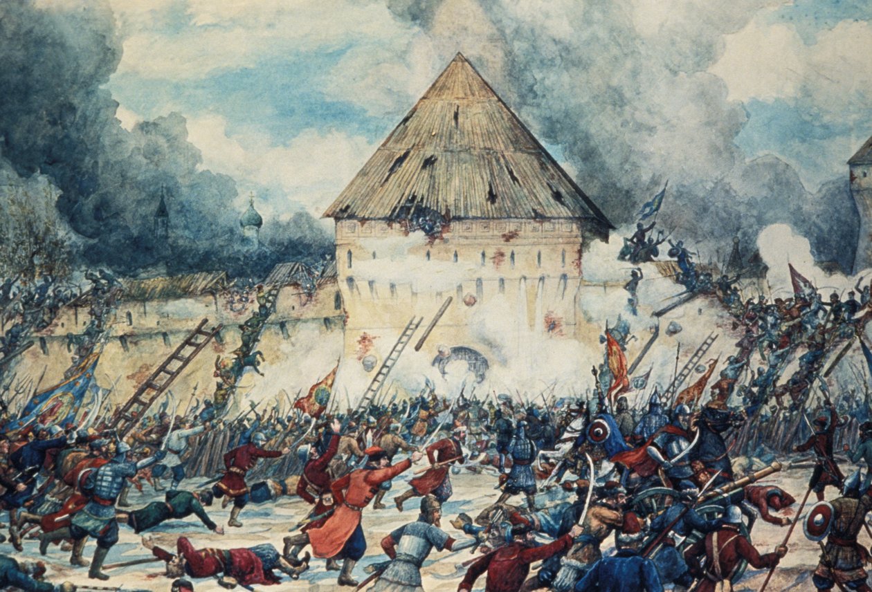 Batalha com intervencionistas poloneses no Portão de Vladimir de Kitai-Gorod (cidade da China) em Moscou, 1612, aquarela por G, Lissner. de Unknown