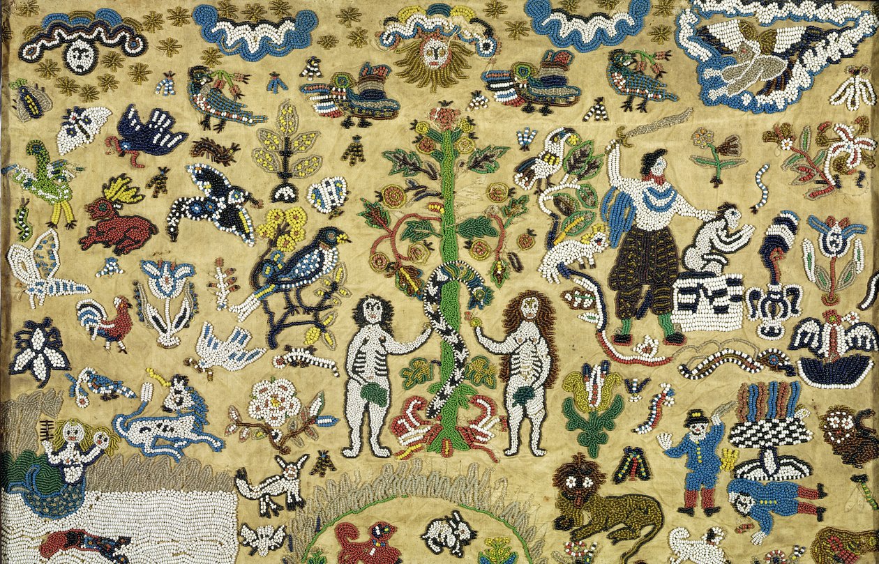 Imagem de miçangas: Queda do Homem; Caim é Abel; Sacrifício de Isaac; cercado por animais do Jardim do Éden, 17 c. (seda bordada com miçangas coloridas) de Unknown