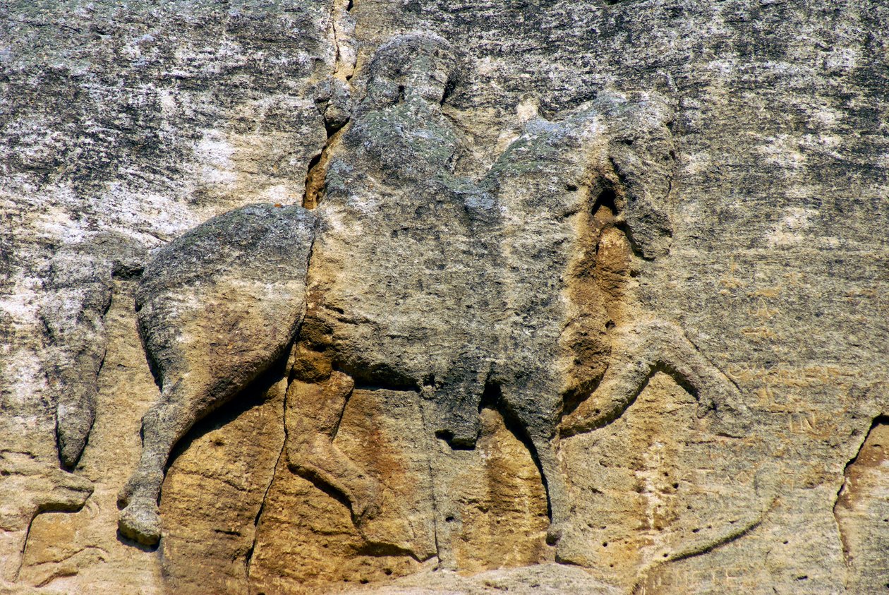 Bulgária, planalto madara, esculpindo, de, medieval, cavaleiro madara, ligado, face pedra de Unknown