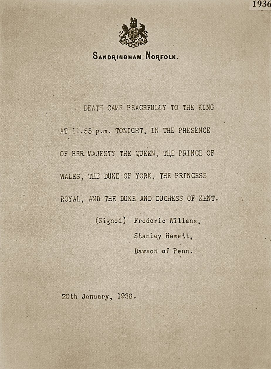 Boletim publicado em Sandringham após a morte do rei George V, 20 de janeiro de 1936 de Unknown
