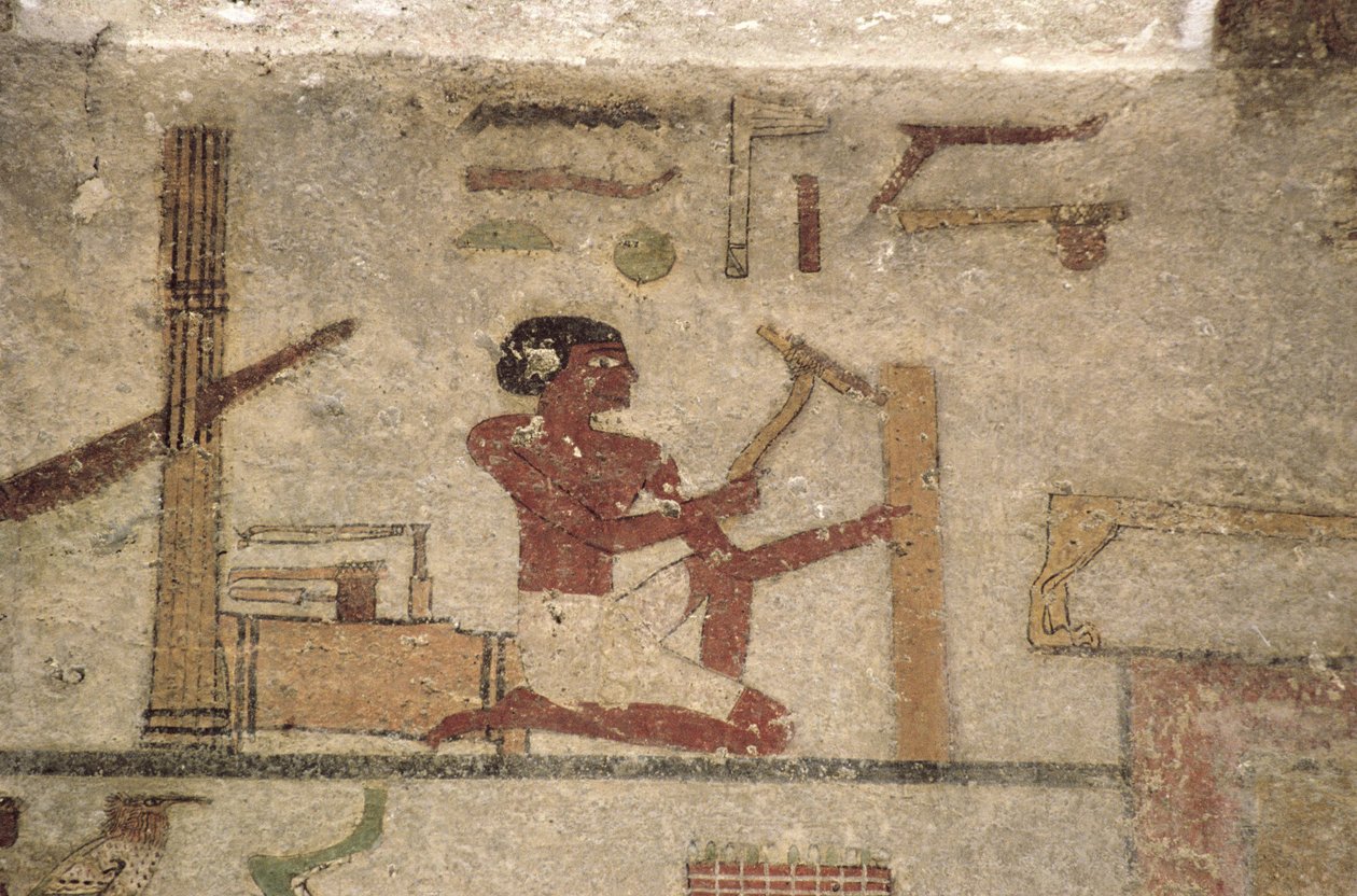 Oficina de carpinteiros, detalhe de uma pintura de parede do túmulo, egípcio, antigo ao Reino do meio (calcário pintado) de Unknown