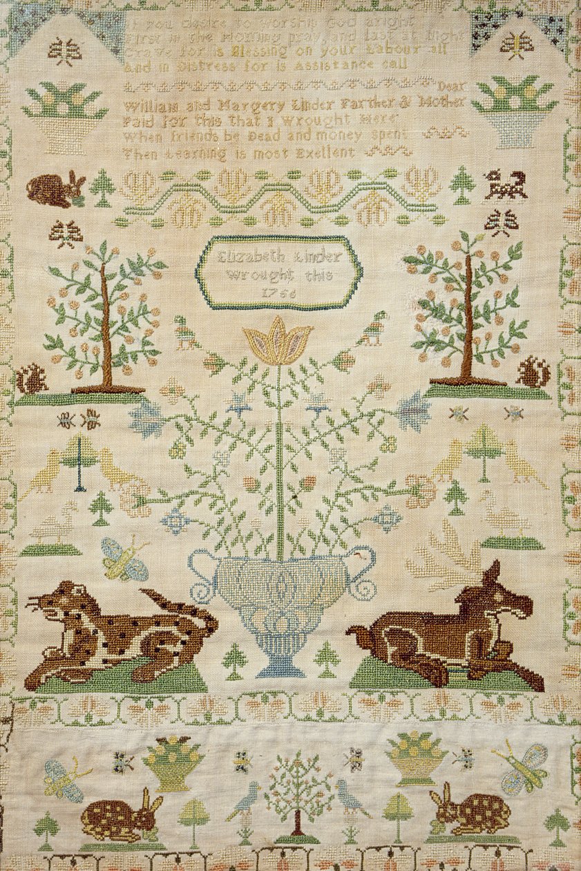 Amostrador de ponto cruz com uma oração, trabalhado por Elizabeth Linder, 1756 (silkwork) de Unknown