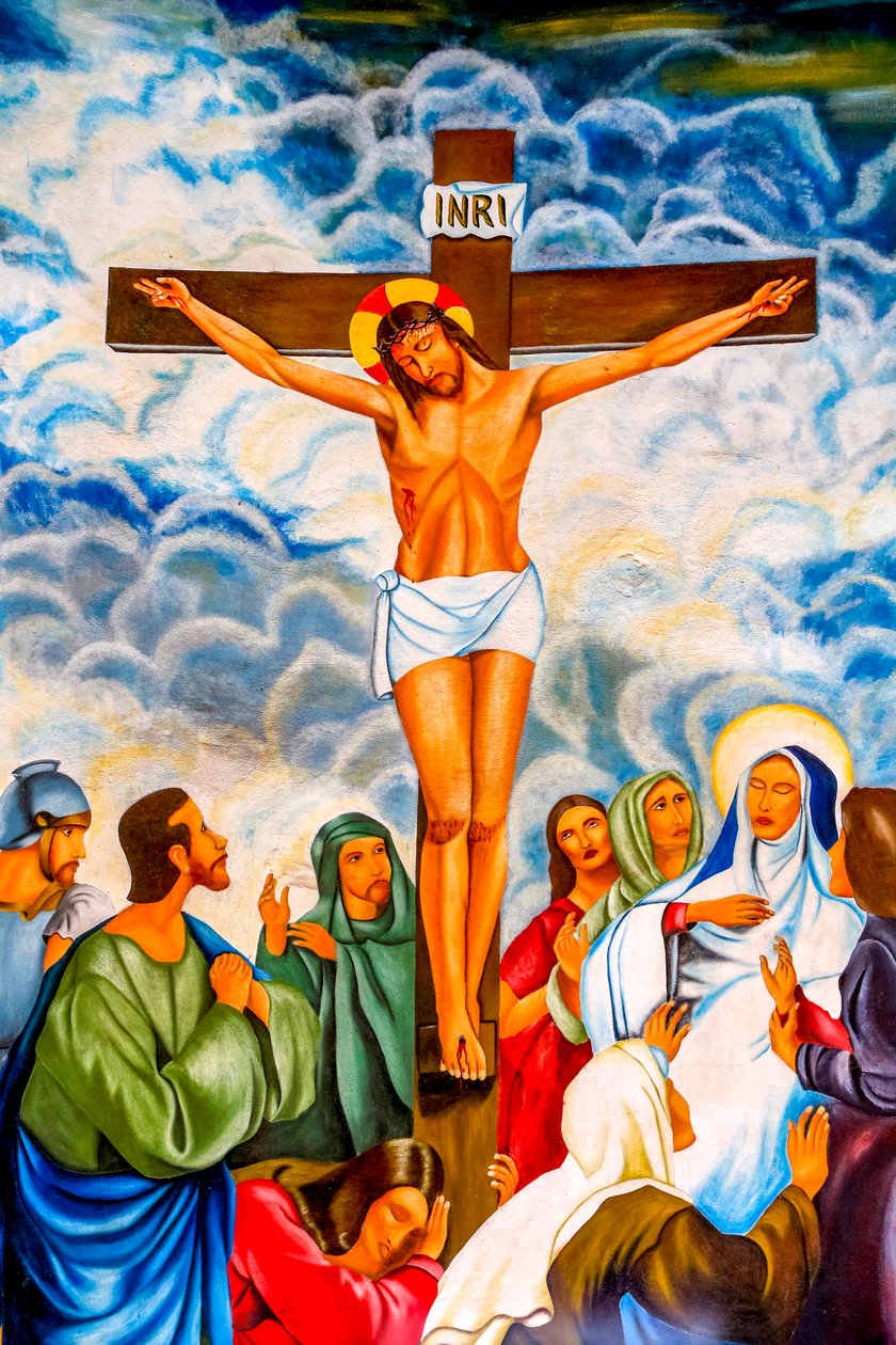 Crucificação fresca na igreja paroquial católica levantada de Cristo de Hedzranawoe, Lomé, Togo. de Unknown