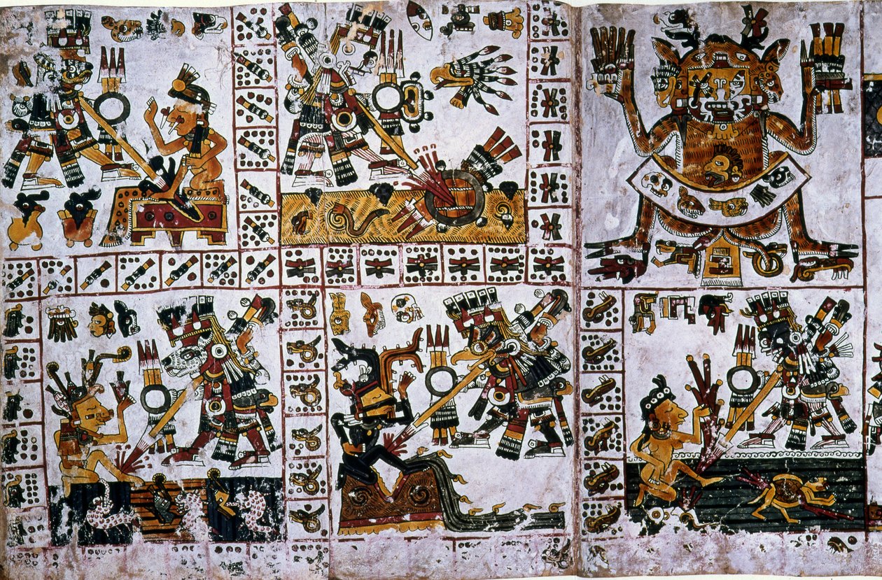 Detalhe de um fac-símile Cópia de uma página do Codex Borgia, detalhe mostrando os ataques de Tlauizcalpantecuhtli, o deus Vênus de Unknown