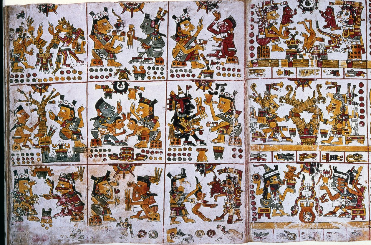 Detalhe de um fac-símile Cópia de uma página do Codex Borgia mostrando seis casais de deuses representando adivinhação para casais de Unknown