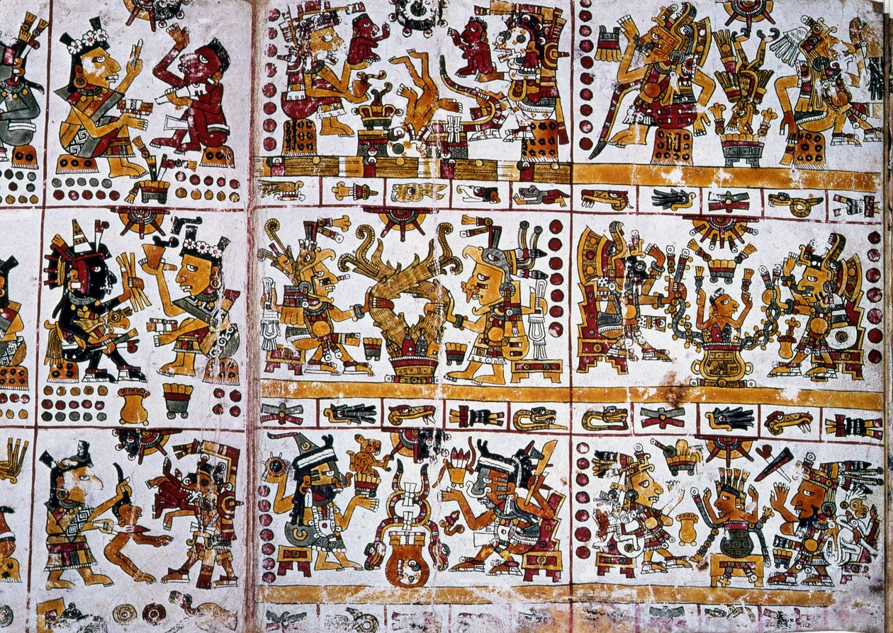 Detalhe de um fac-símile Cópia de uma página do Codex Borgia mostrando seis casais de deuses representando adivinhação para casais de Unknown