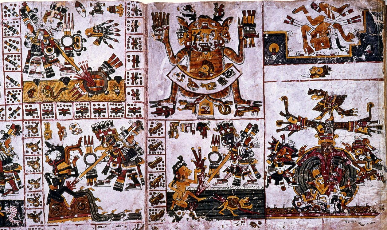 Detalhe de um fac-símile Cópia de uma página do Codex Borgia mostrando os ataques de Tlauizcalpantecuhtli, o deus Vênus de Unknown