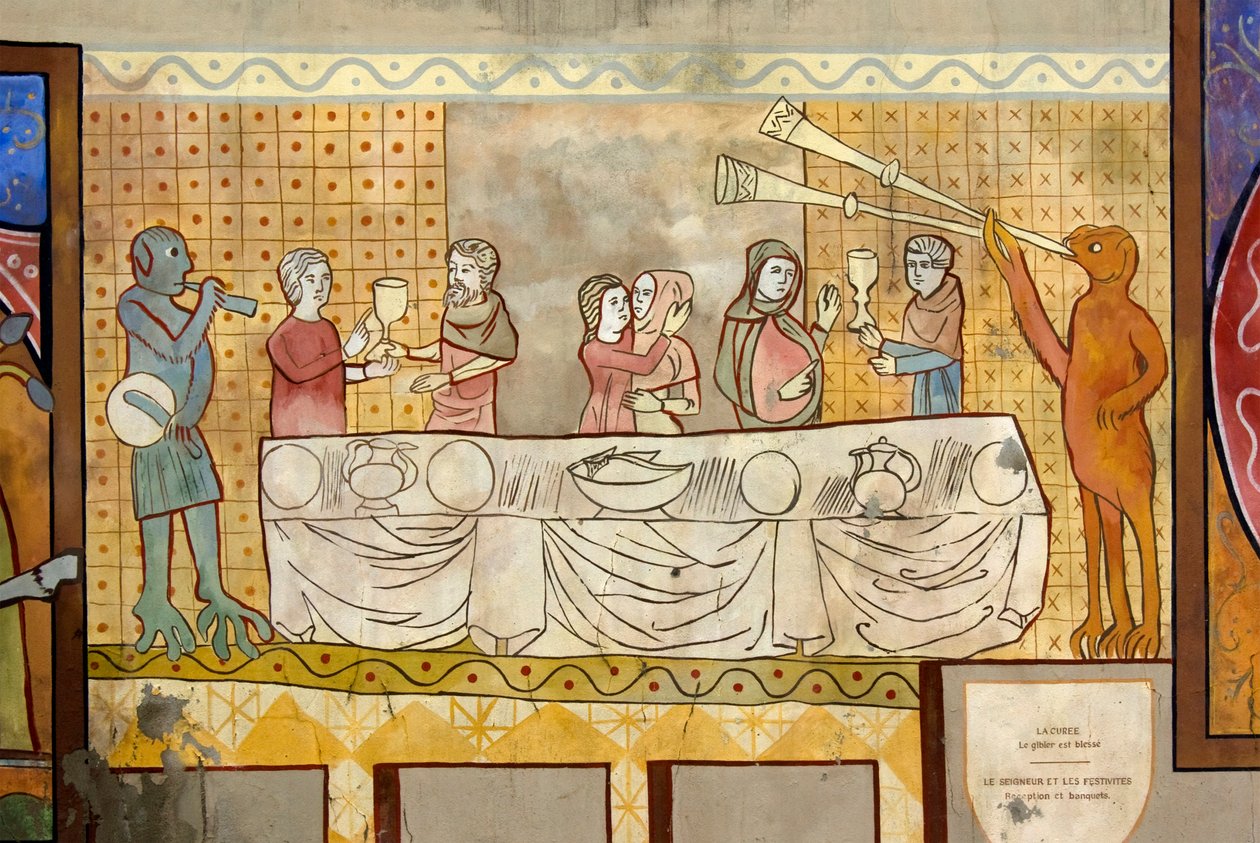 Desenho de um banquete medieval com bebedores, amantes e animais imaginários tocando tambores e trombetas. de Unknown