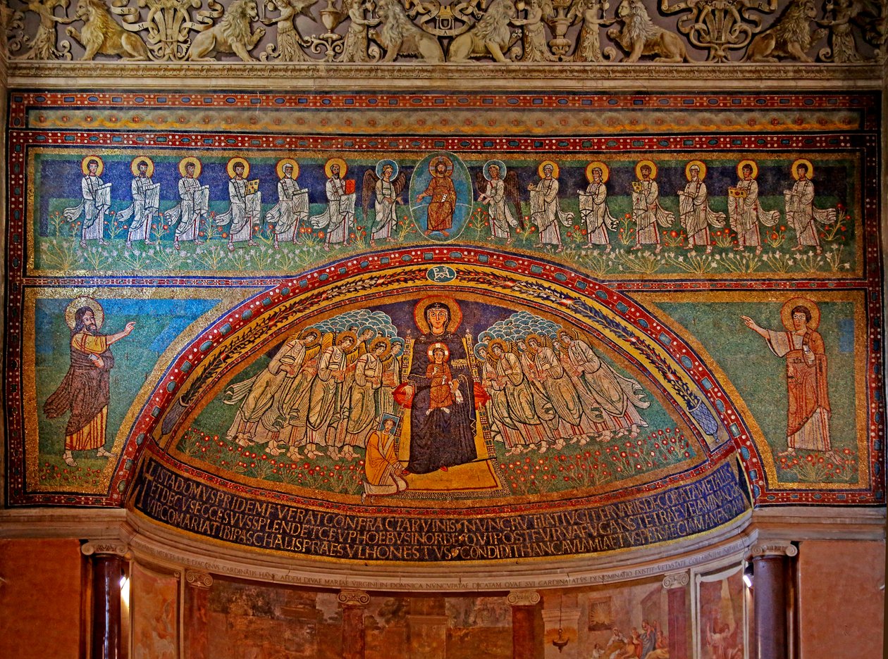 Extremo Oriente e abside: Cristo e 12 apóstolos, Moisés e Elias abaixo: dentro da abside estão a Virgem e o Menino com o doador (o Papa Pascoal) e os anjos de Unknown