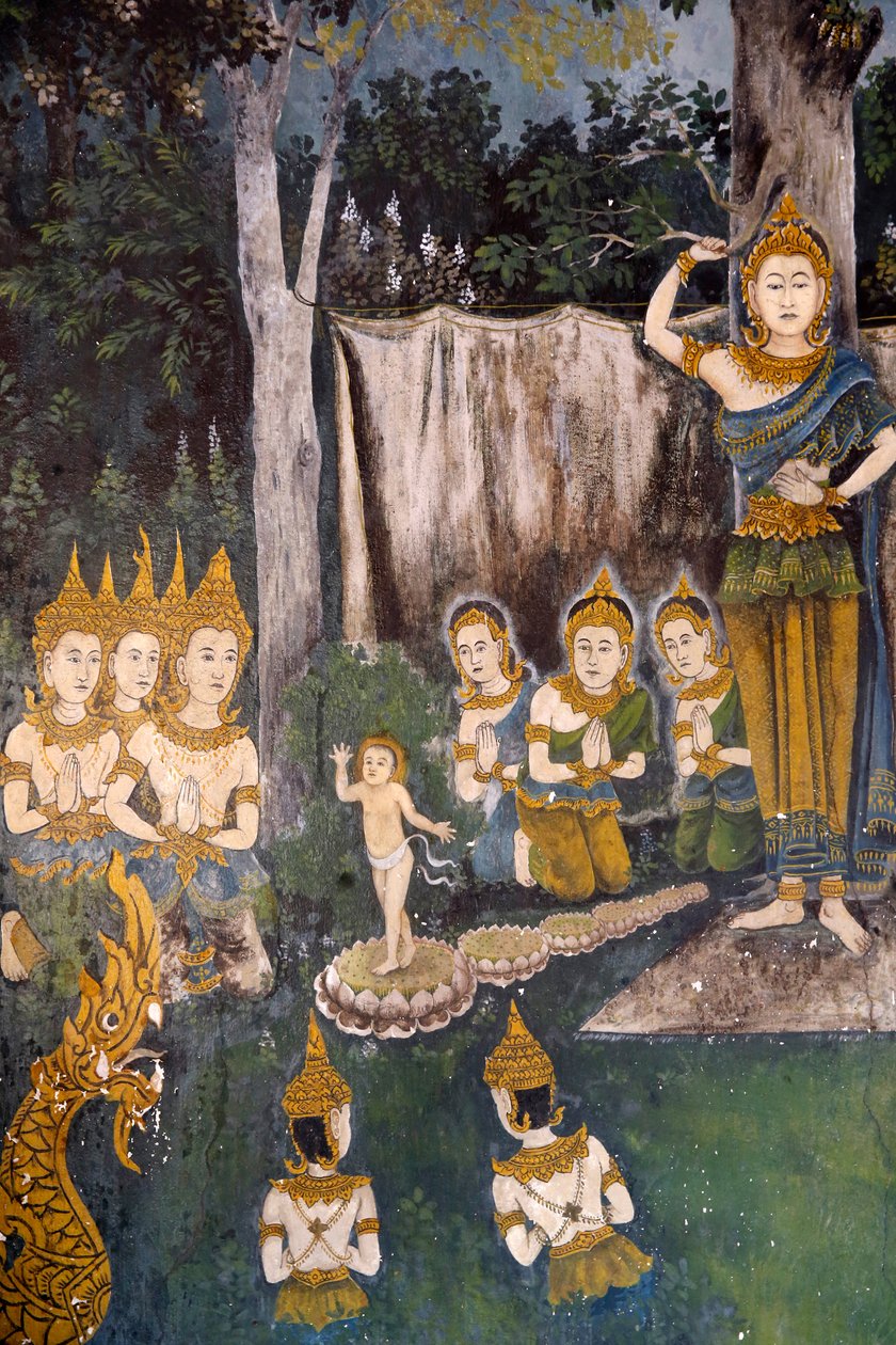 Fresco que descreve uma cena da vida de Buddhas em Wat Phra Doi Suthep, Chiang Mai. Tailândia. Buda como uma criança. r de Unknown