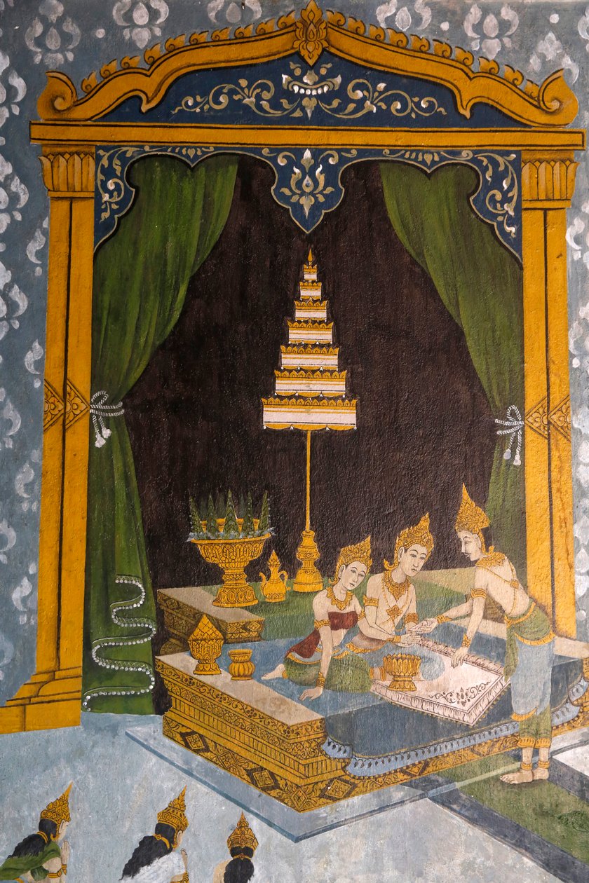 Fresco que descreve uma cena da vida de Buddhas em Wat Phra Doi Suthep, Chiang Mai. Buda jovem como um príncipe. Tailândia de Unknown