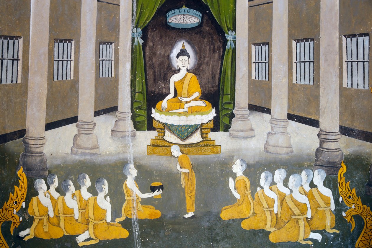 Fresco que descreve uma cena da vida de Buddhas em Wat Phra Doi Suthep, Chiang Mai. Buda com sua sangha. rthailand de Unknown