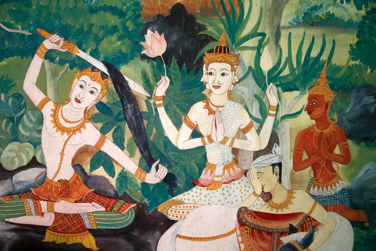 Fresco em Wat Ampharam, Hua Hin, Tailândia. Buda cortou o cabelo e renunciou à sua vida anterior. de Unknown