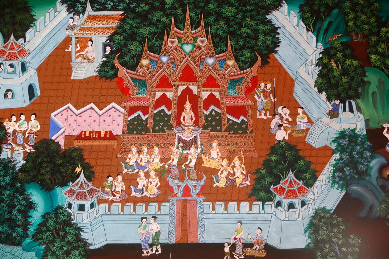 Fresco em Wat Ampharam, Hua Hin, Tailândia. Temiya Jataka, também chamado Muga-Pakkha Jataka, uma das vidas anteriores dos Budas. de Unknown