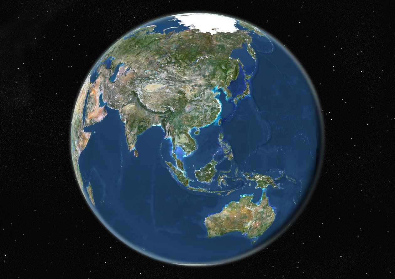 Globo centrado na Ásia e Oceania, imagem de satélite de cor verdadeira de Unknown