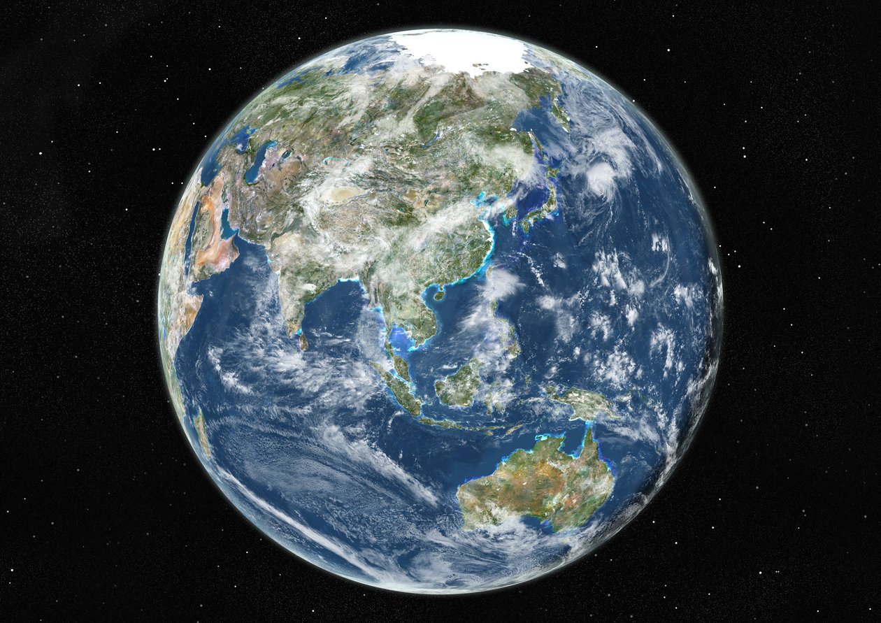 Globo centrado na Ásia e Oceania, imagem de satélite de cor verdadeira de Unknown