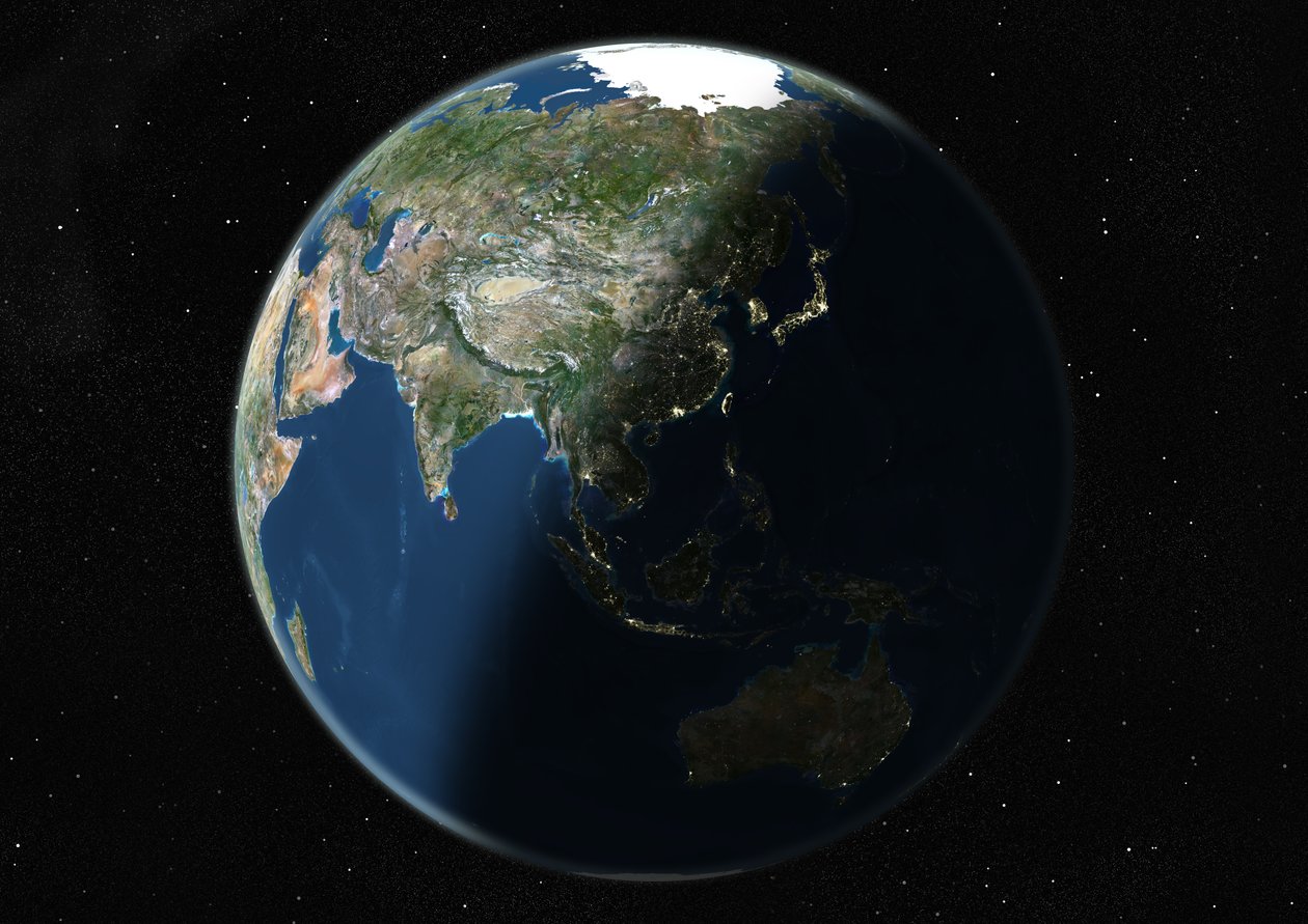 Globo centrado na Ásia e Oceania, imagem de satélite de cor verdadeira de Unknown