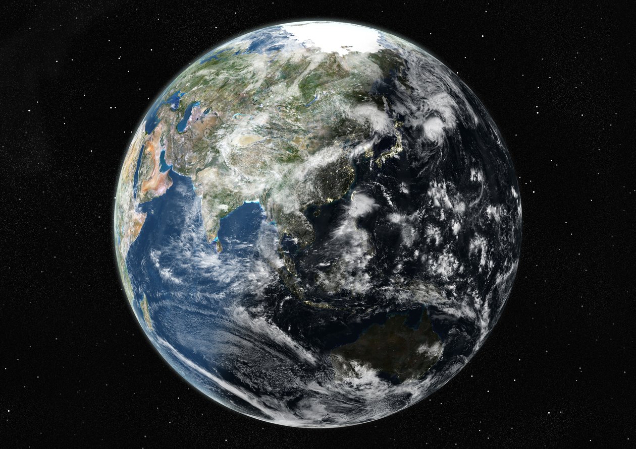Globo centrado na Ásia e Oceania, imagem de satélite de cor verdadeira de Unknown