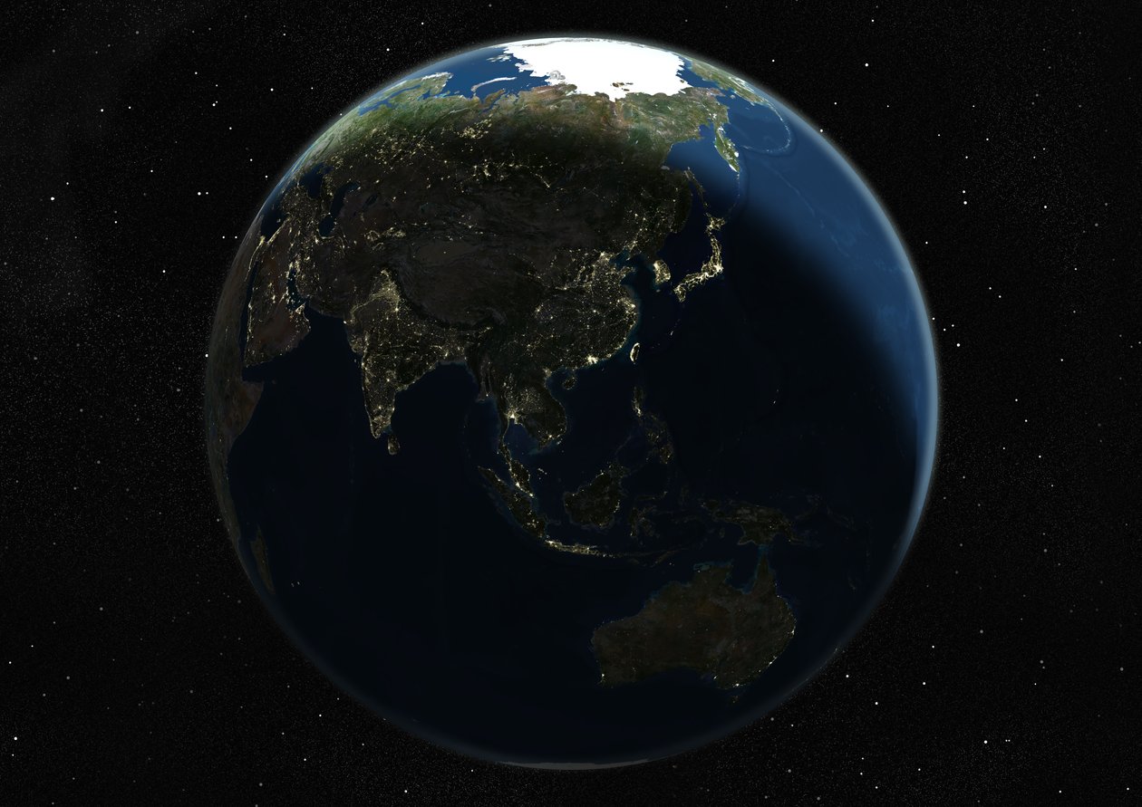 Globo centrado na Ásia e Oceania, imagem de satélite de cor verdadeira de Unknown
