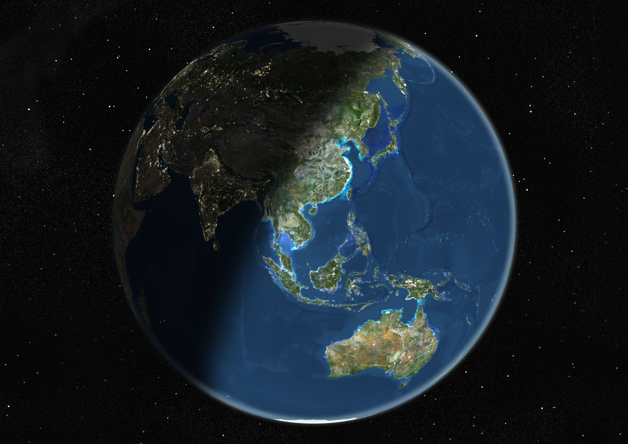 Globo centrado na Ásia e Oceania, imagem de satélite de cor verdadeira de Unknown