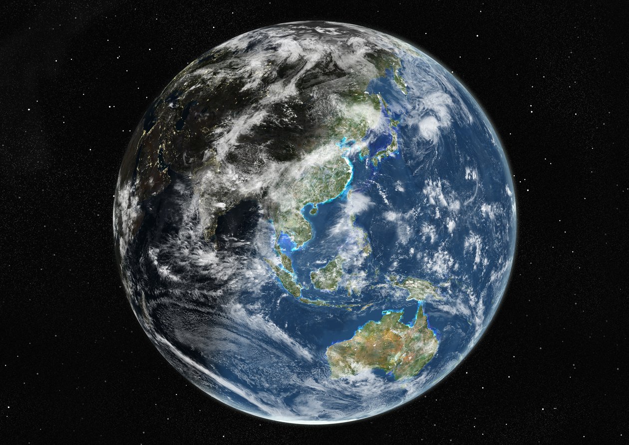 Globo centrado na Ásia e Oceania, imagem de satélite de cor verdadeira de Unknown