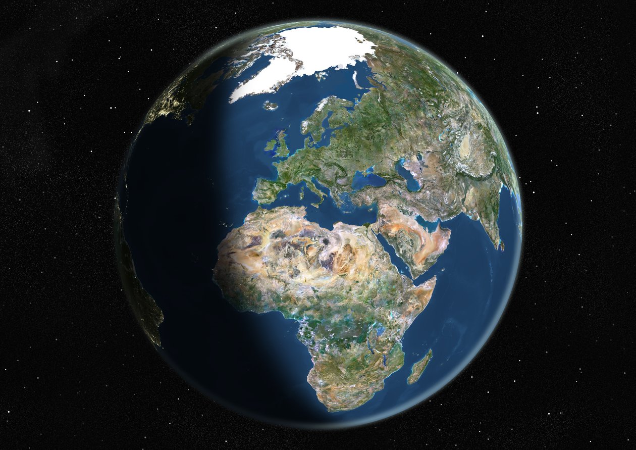 Globo centrado na Europa e na África, imagem de satélite de cor verdadeira de Unknown