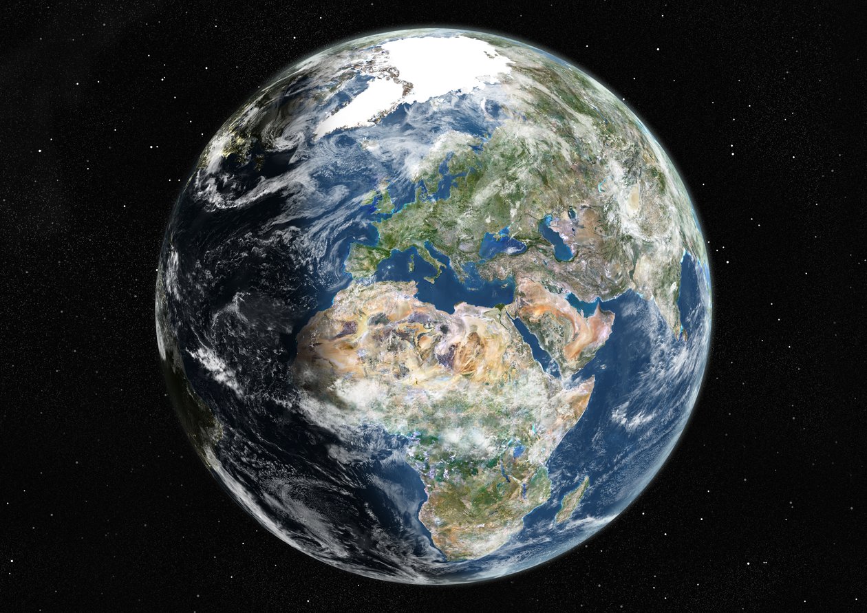 Globo centrado na Europa e na África, imagem de satélite de cor verdadeira de Unknown