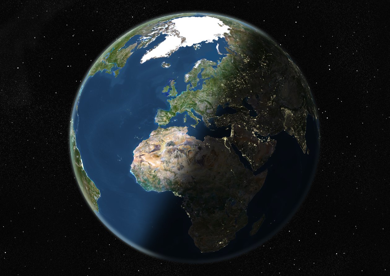 Globo centrado na Europa e na África, imagem de satélite de cor verdadeira de Unknown