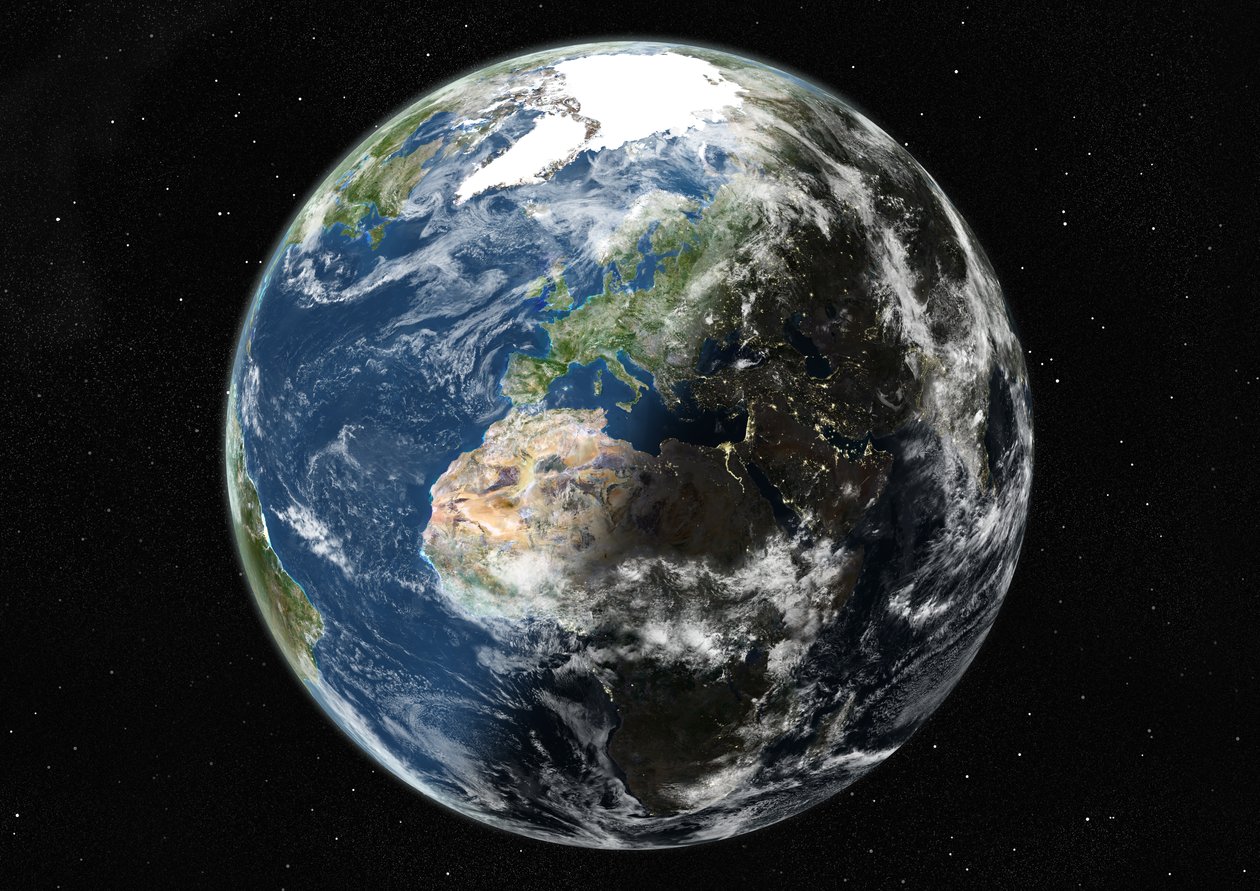 Globo centrado na Europa e na África, imagem de satélite de cor verdadeira de Unknown
