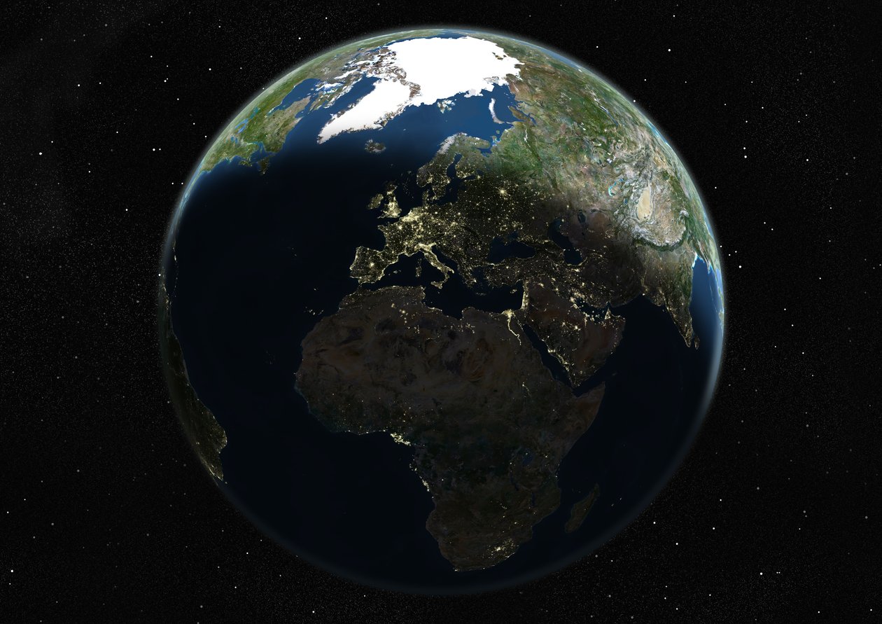 Globo centrado na Europa e na África, imagem de satélite de cor verdadeira de Unknown