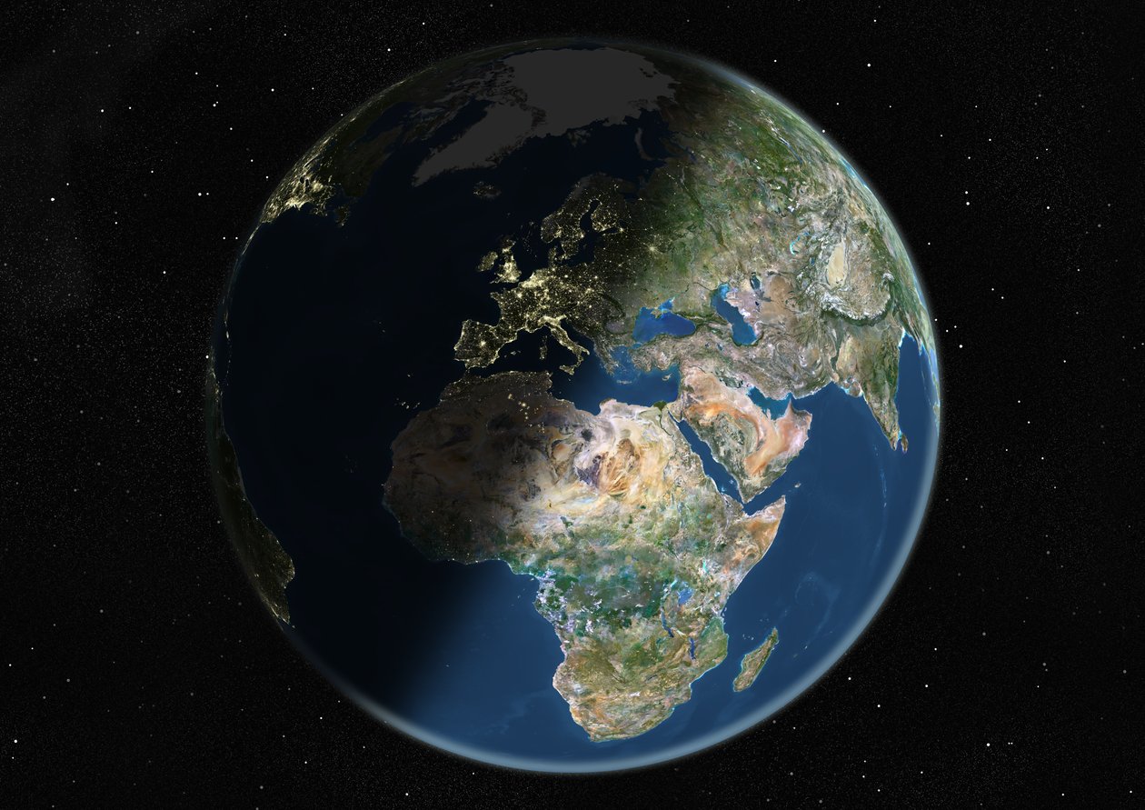Globo centrado na Europa e na África, imagem de satélite de cor verdadeira de Unknown