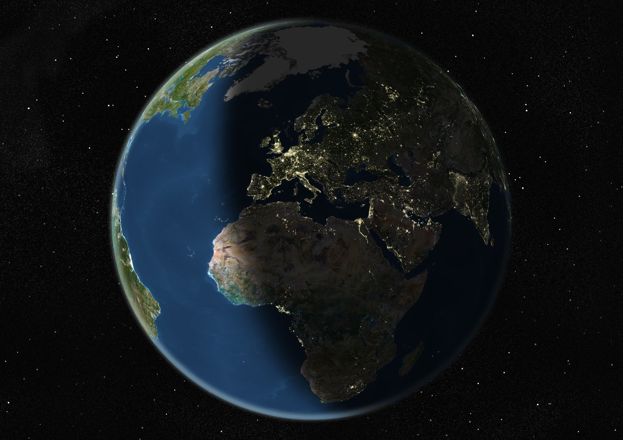 Globo centrado na Europa e na África, imagem de satélite de cor verdadeira de Unknown