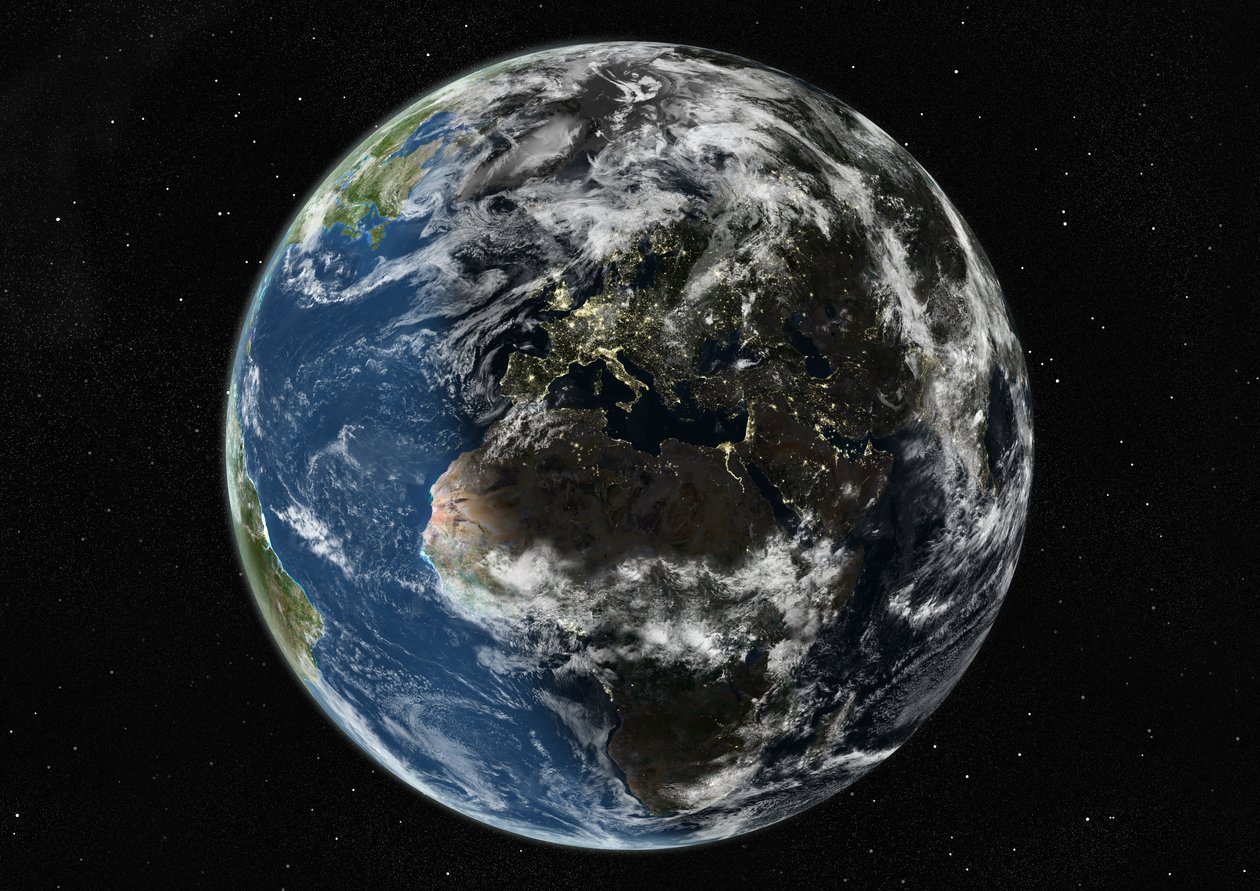 Globo centrado na Europa e na África, imagem de satélite de cor verdadeira de Unknown