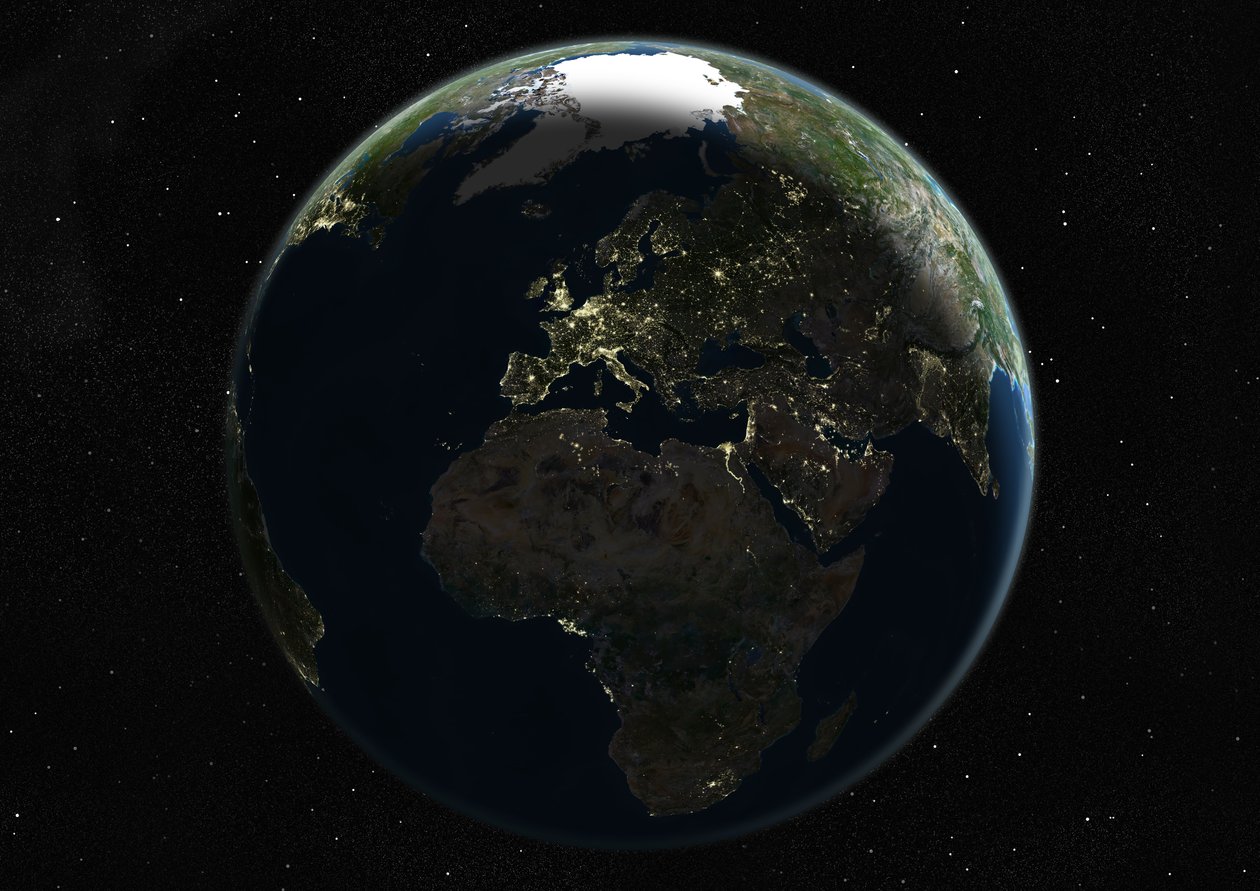 Globo centrado na Europa e na África, imagem de satélite de cor verdadeira de Unknown