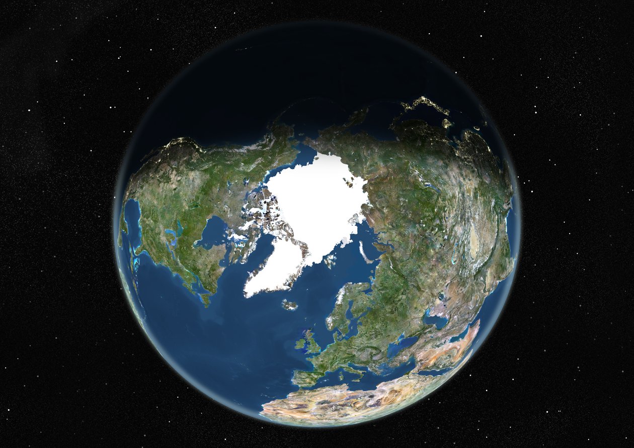 Globo centrado no pólo norte, imagem de satélite True Color de Unknown