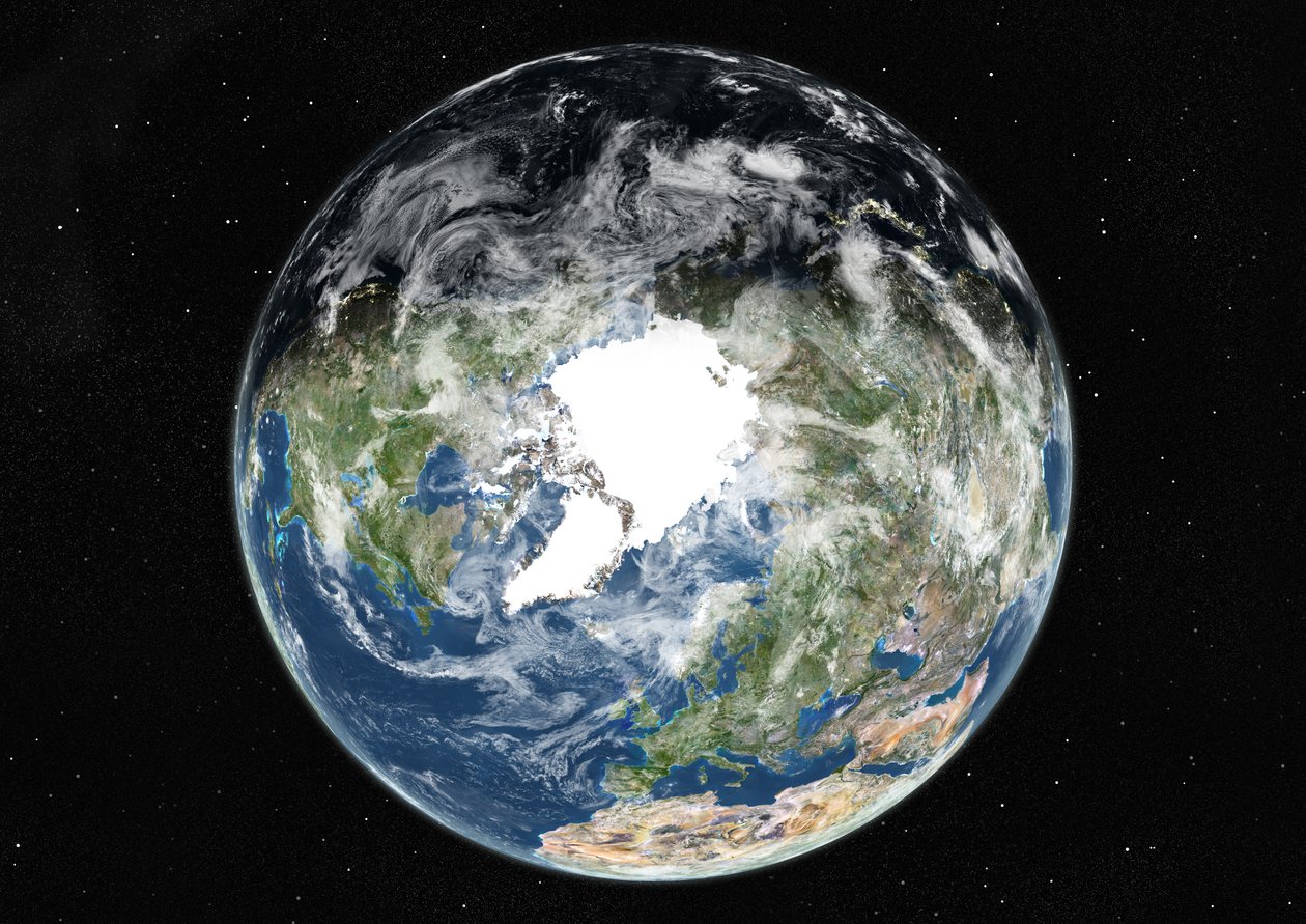 Globo centrado no pólo norte, imagem de satélite True Color de Unknown