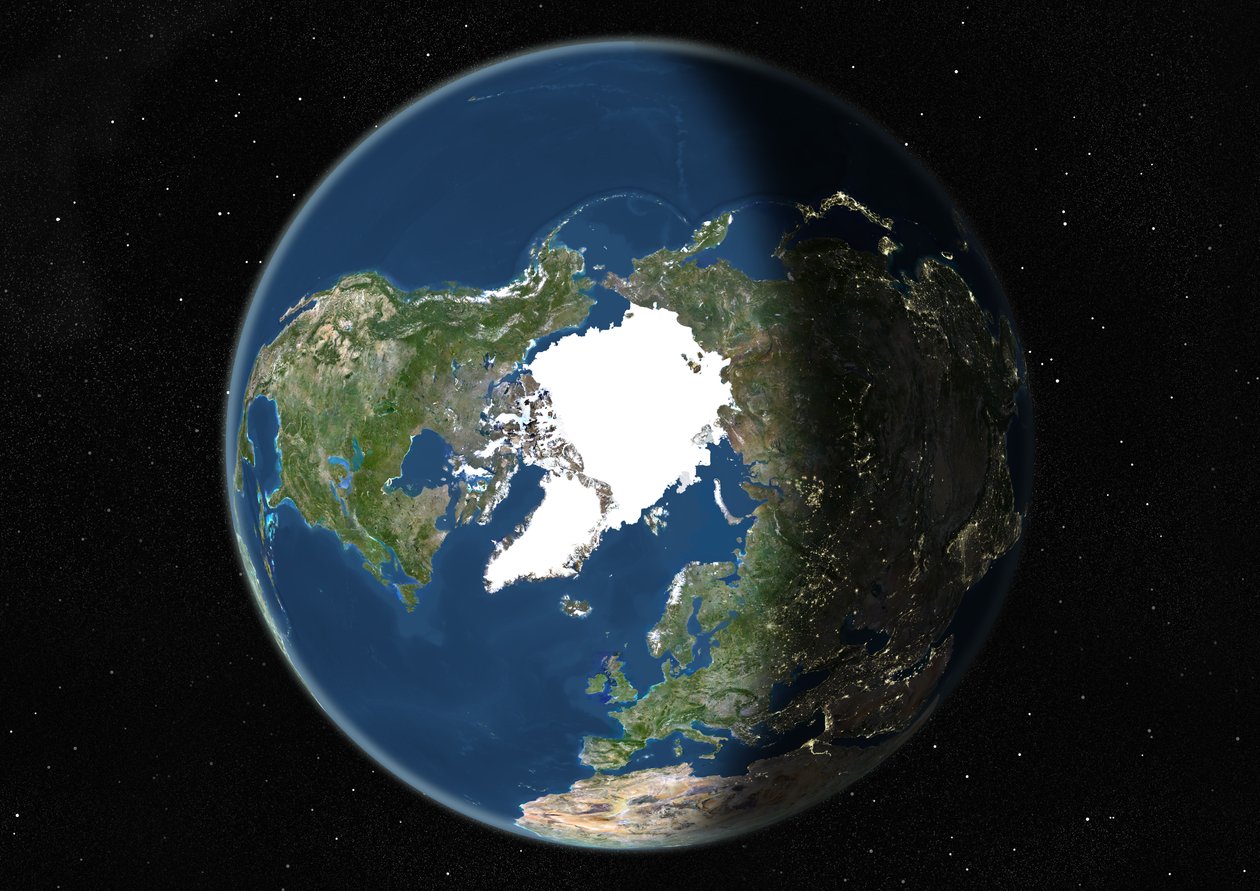Globo centrado no pólo norte, imagem de satélite True Color de Unknown