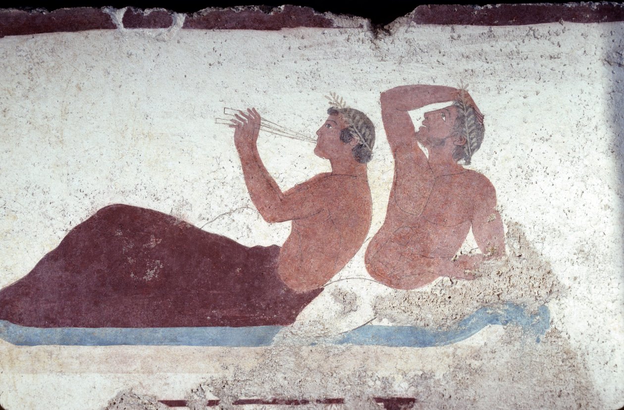 Pintura grega do túmulo do mergulhador, Paestum, 480 a. Cena do simpósio, itália de Unknown