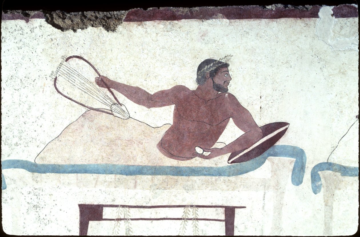 Pintura grega do túmulo do mergulhador, Paestum, 480 a. Cena do simpósio, itália de Unknown