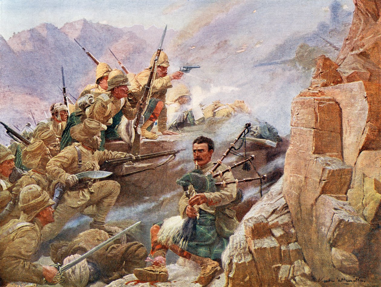 Gurkhas armados com seus kukri ou khukuri, uma faca nepalesa com uma lâmina curvada para dentro, juntamente com membros dos Highlanders de Gordon atacando as Alturas de Dargai em 1897 durante a Campanha Tirah. de Unknown