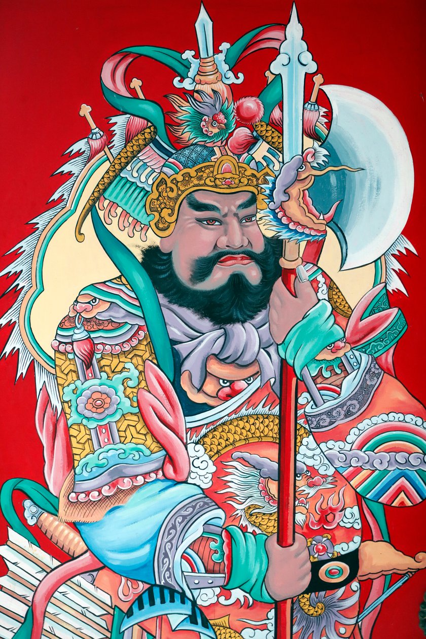 Hoi Tuong Te flor budista templo chinês. Guardião figura pinturas no portão. Phu Quoc. Vietnã. de Unknown